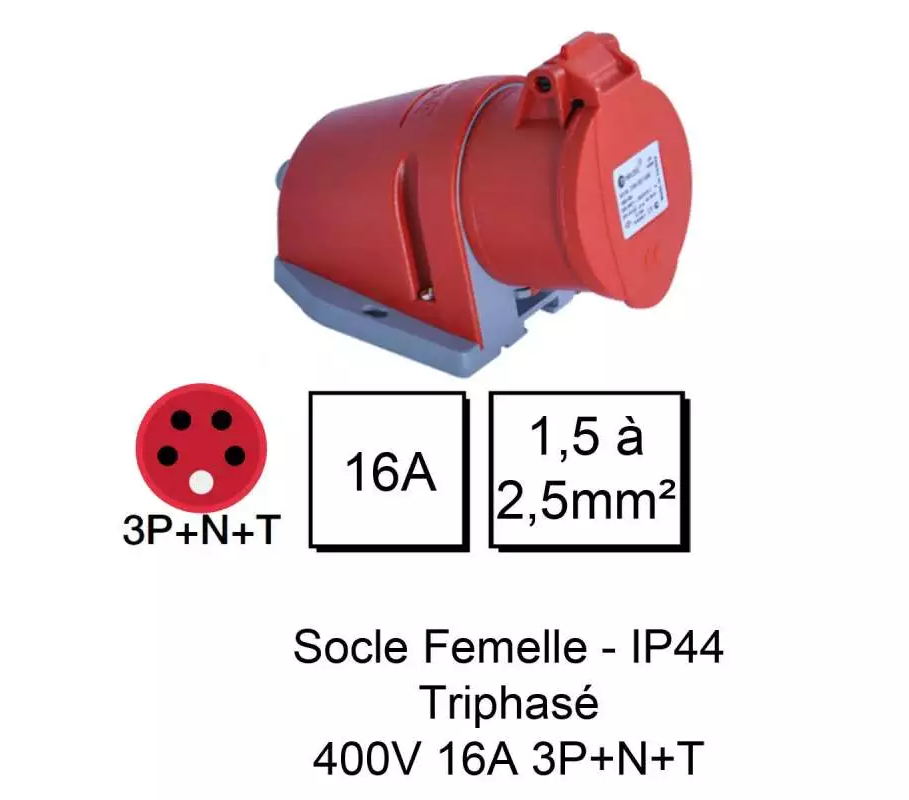 Prise industrielle femelle IP44 3 Phases + Neutre + Terre - 16A triphasé 400V