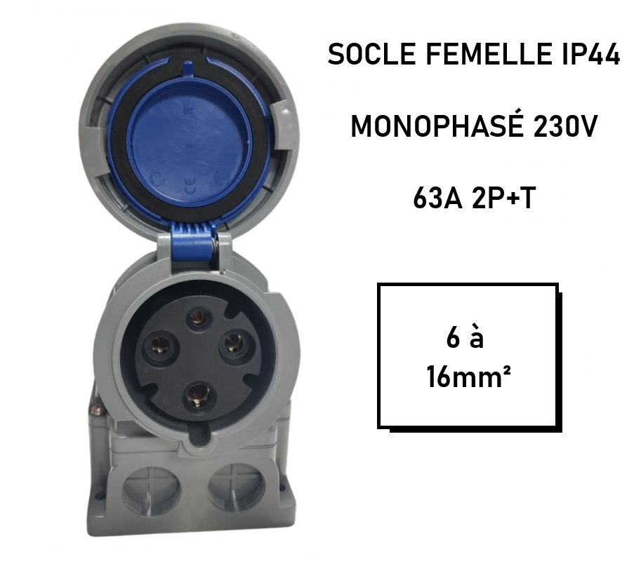 Prise industrielle femelle IP44  2P+ T - 63A monophasé 230V