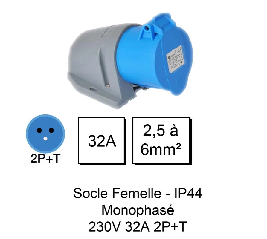Prise industrielle femelle IP44 2 Phases + Terre - 32A monophasé 230V